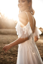 Off-Shoulder V-Neck A-Line Bohemian Wedding Gown