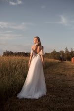Off-Shoulder V-Neck A-Line Bohemian Wedding Gown