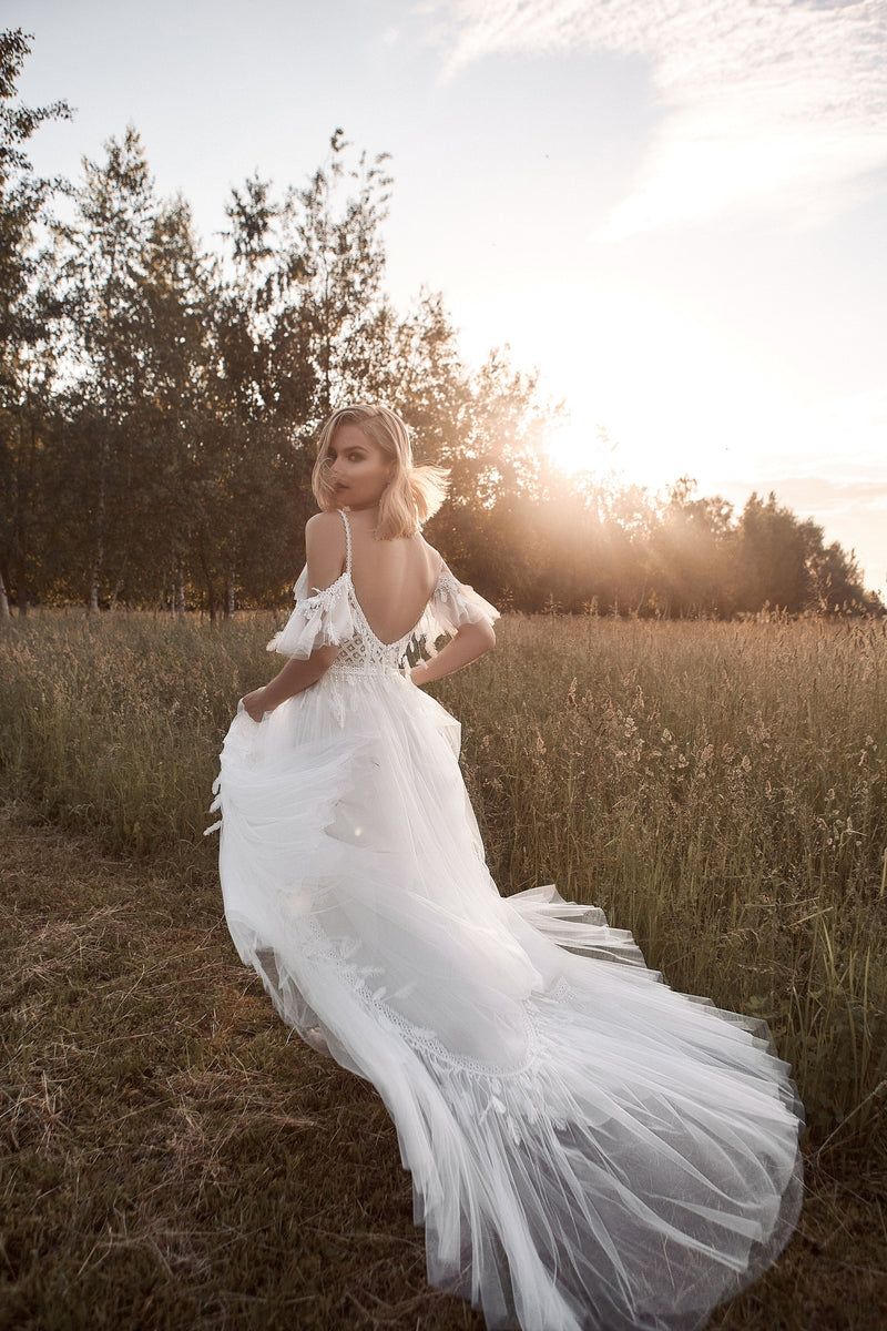 Off-Shoulder V-Neck A-Line Bohemian Wedding Gown