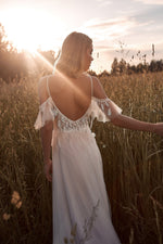 Off-Shoulder V-Neck A-Line Bohemian Wedding Gown