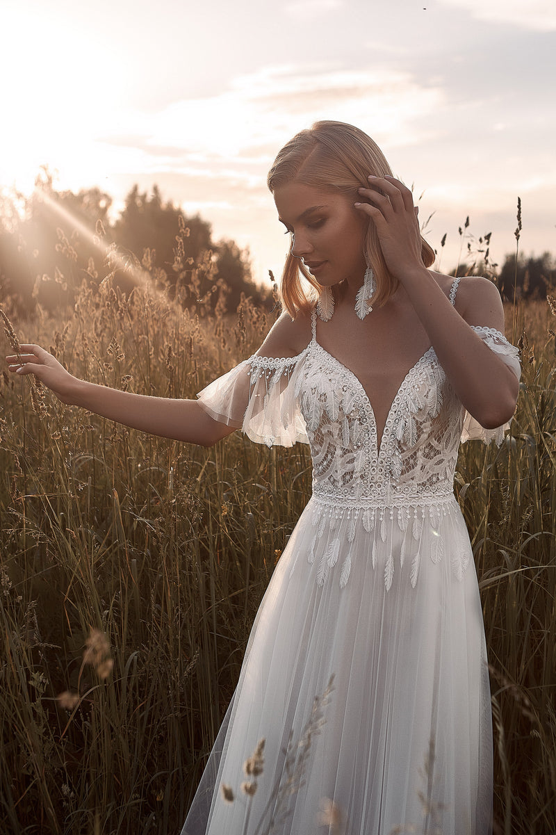 Off-Shoulder V-Neck A-Line Bohemian Wedding Gown HAREM's Brides Off-Shoulder V-Neck A-Line Bohemian Wedding Gown HAREM's Brides