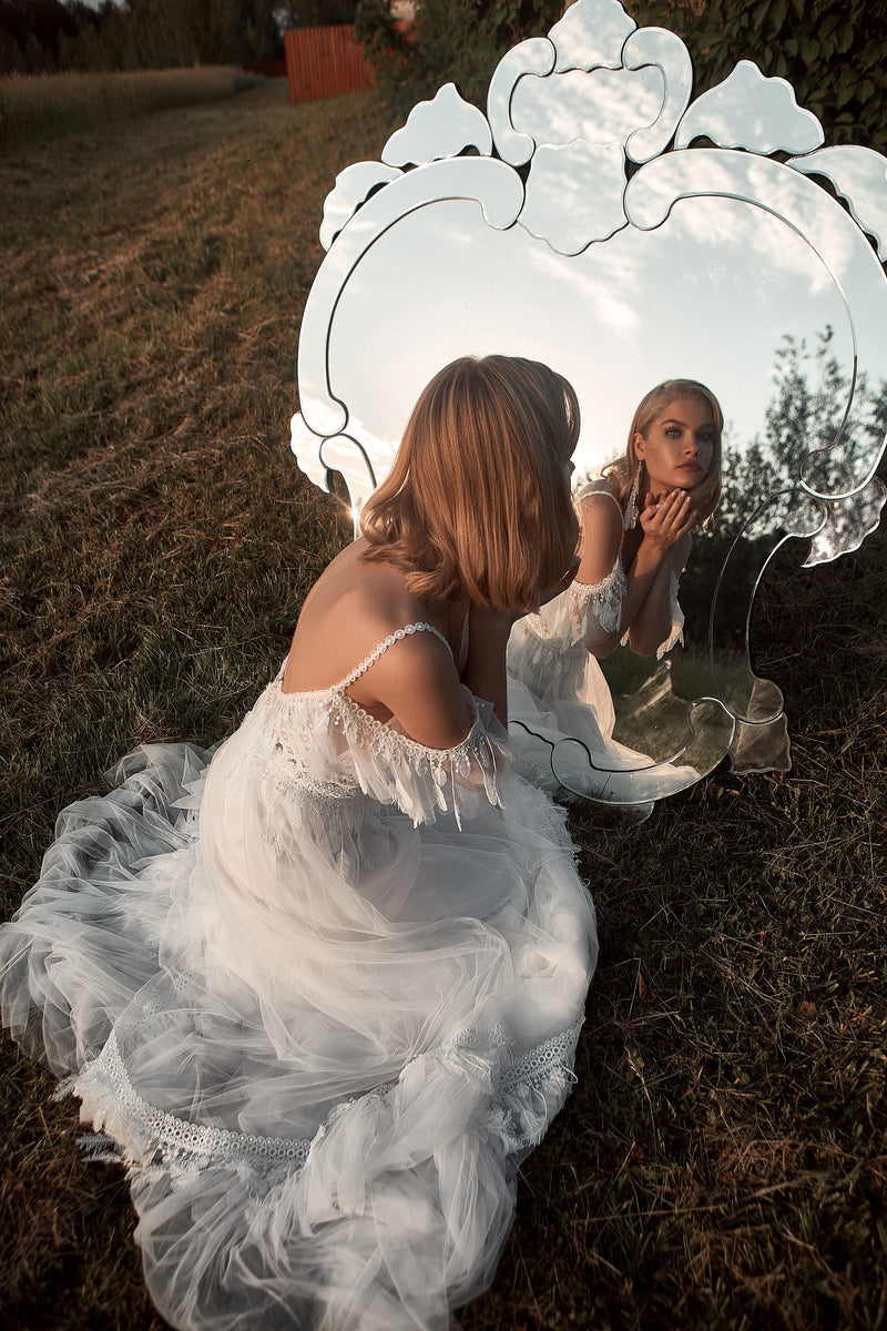 Off-Shoulder V-Neck A-Line Bohemian Wedding Gown