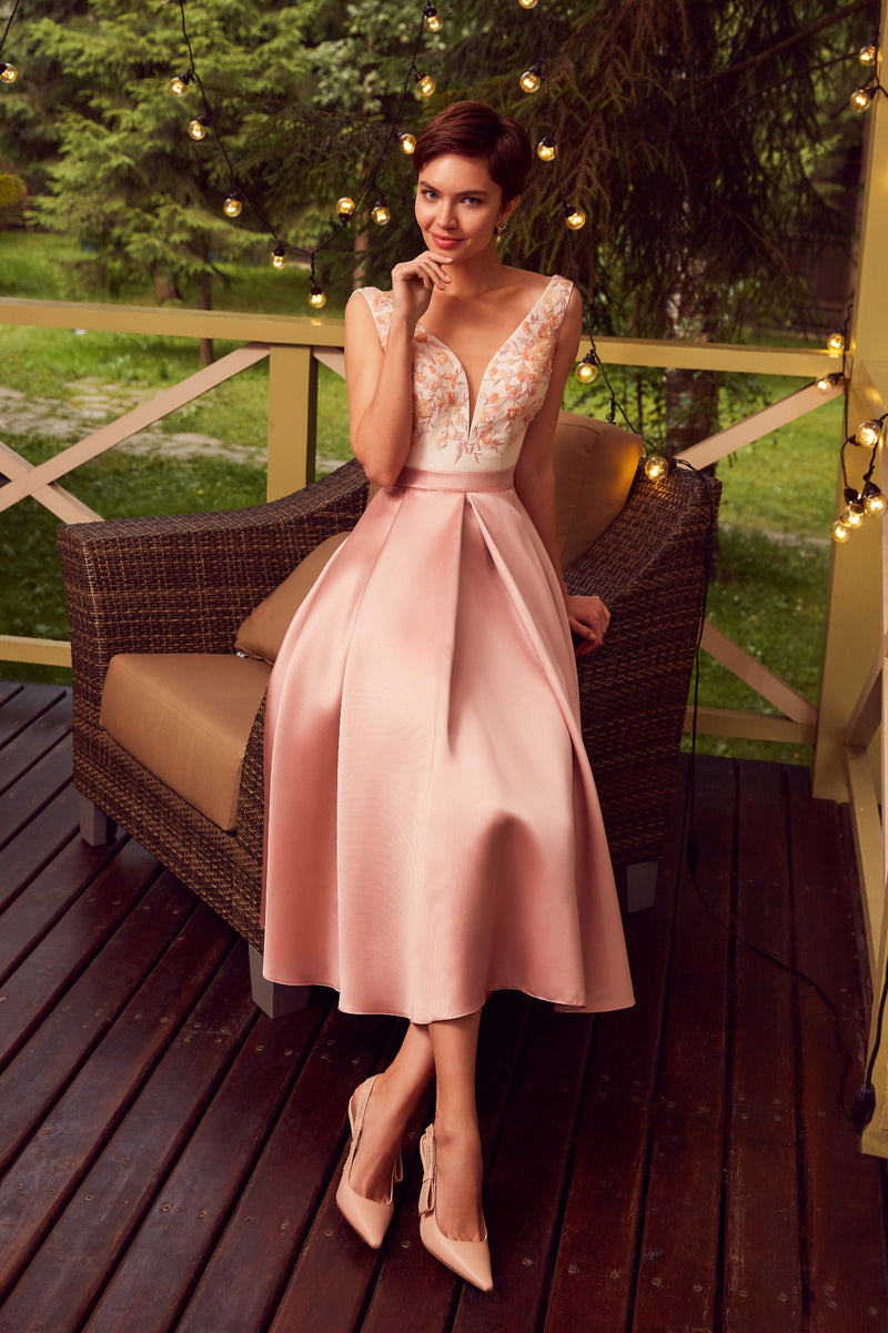 V-Neck Tea Length Mikado Evening Dress HAREM's Brides V-Neck Tea Length Mikado Evening Dress HAREM's Brides
