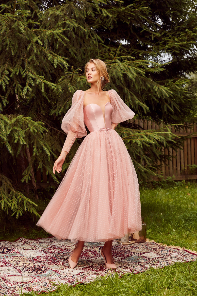 Sweetheart Midi Polka Dot Dress with Detachable Juliet Sleeves EU42 / Powder Sweetheart Midi Polka Dot Dress with Detachable Juliet Sleeves EU42 / Powder