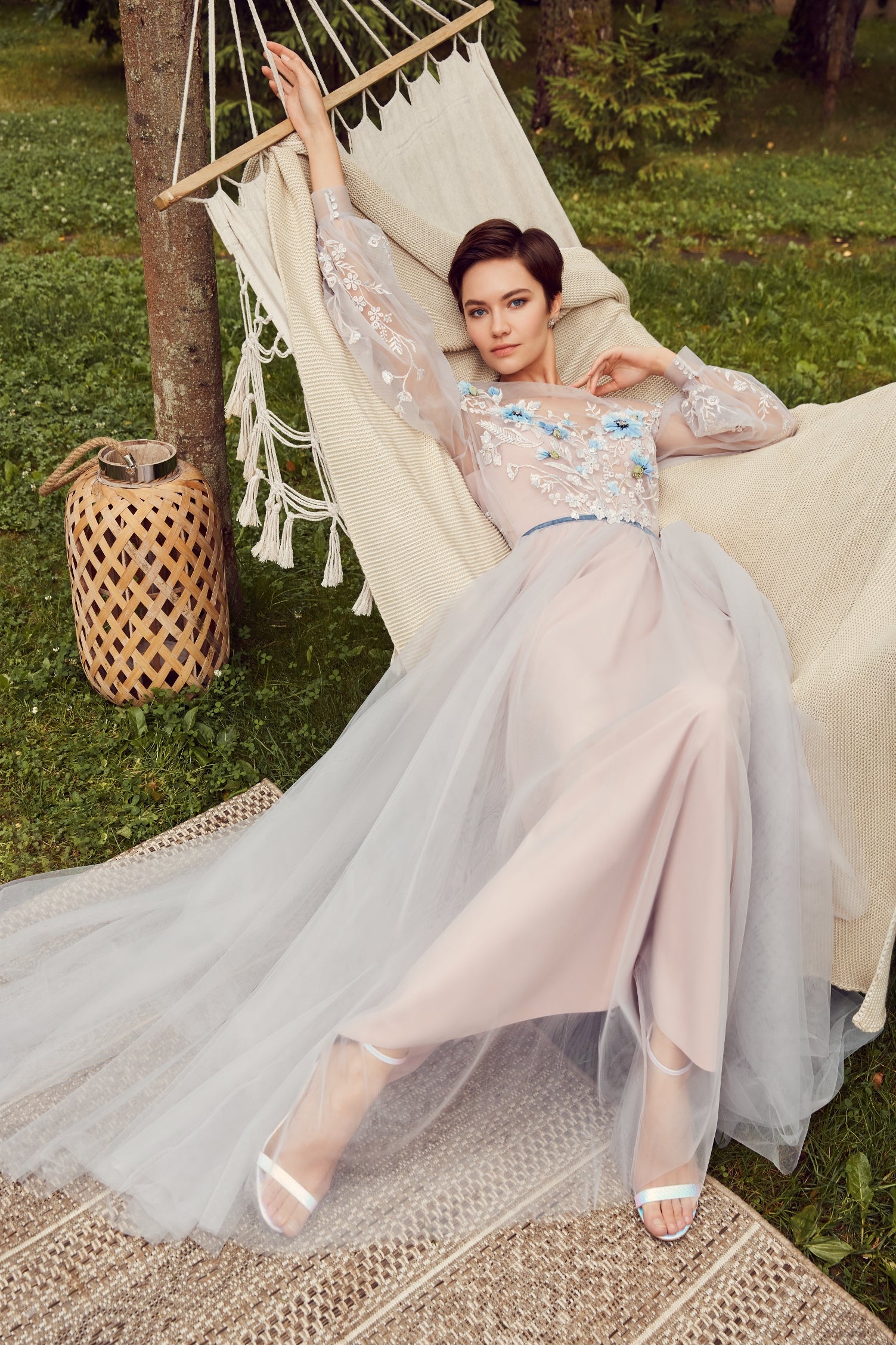 Spaghetti Strap Long Dress with Embroidered Tulle Overlay EU36 / Powder Spaghetti Strap Long Dress with Embroidered Tulle Overlay EU36 / Powder