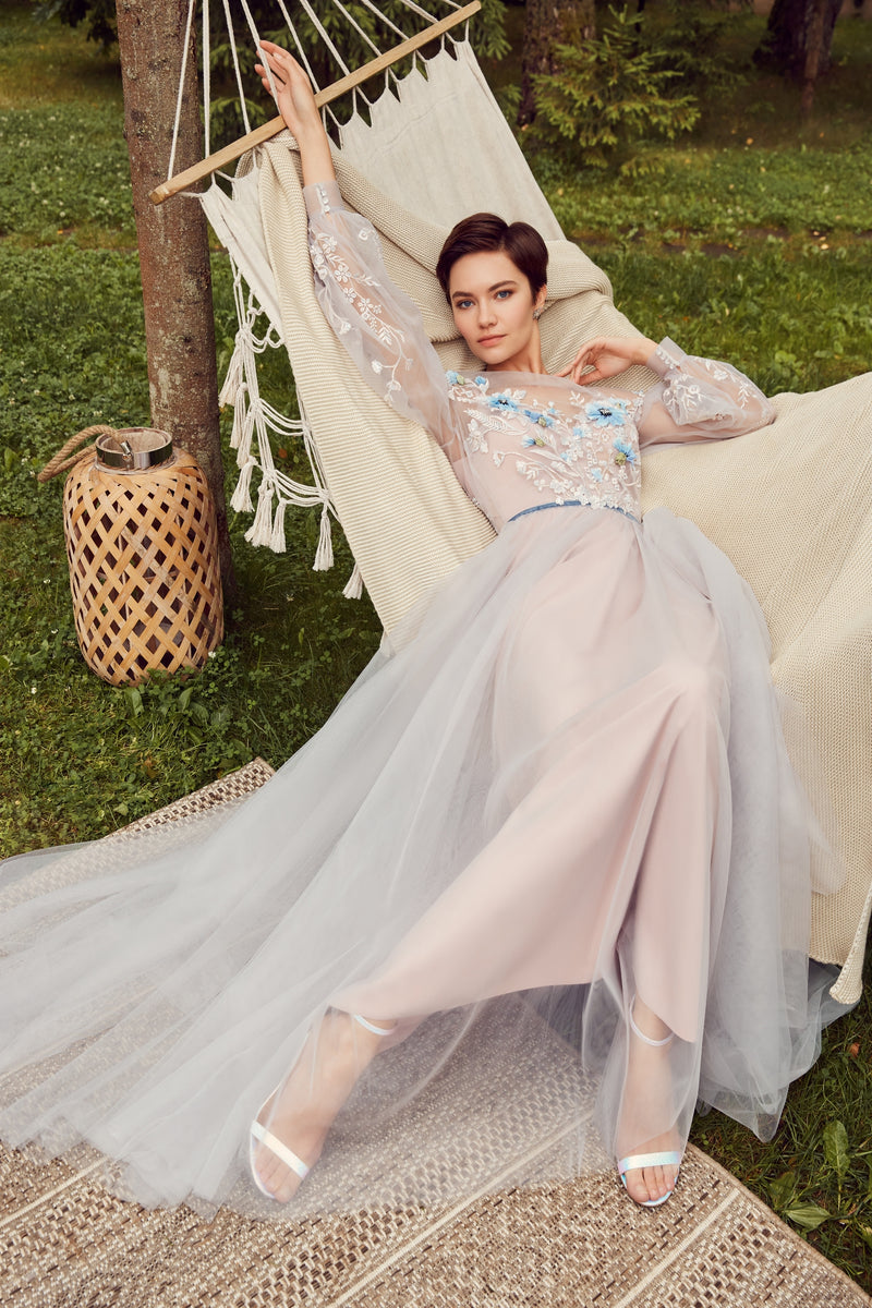 Spaghetti Strap Long Dress with Embroidered Tulle Overlay HAREM's Brides Spaghetti Strap Long Dress with Embroidered Tulle Overlay HAREM's Brides