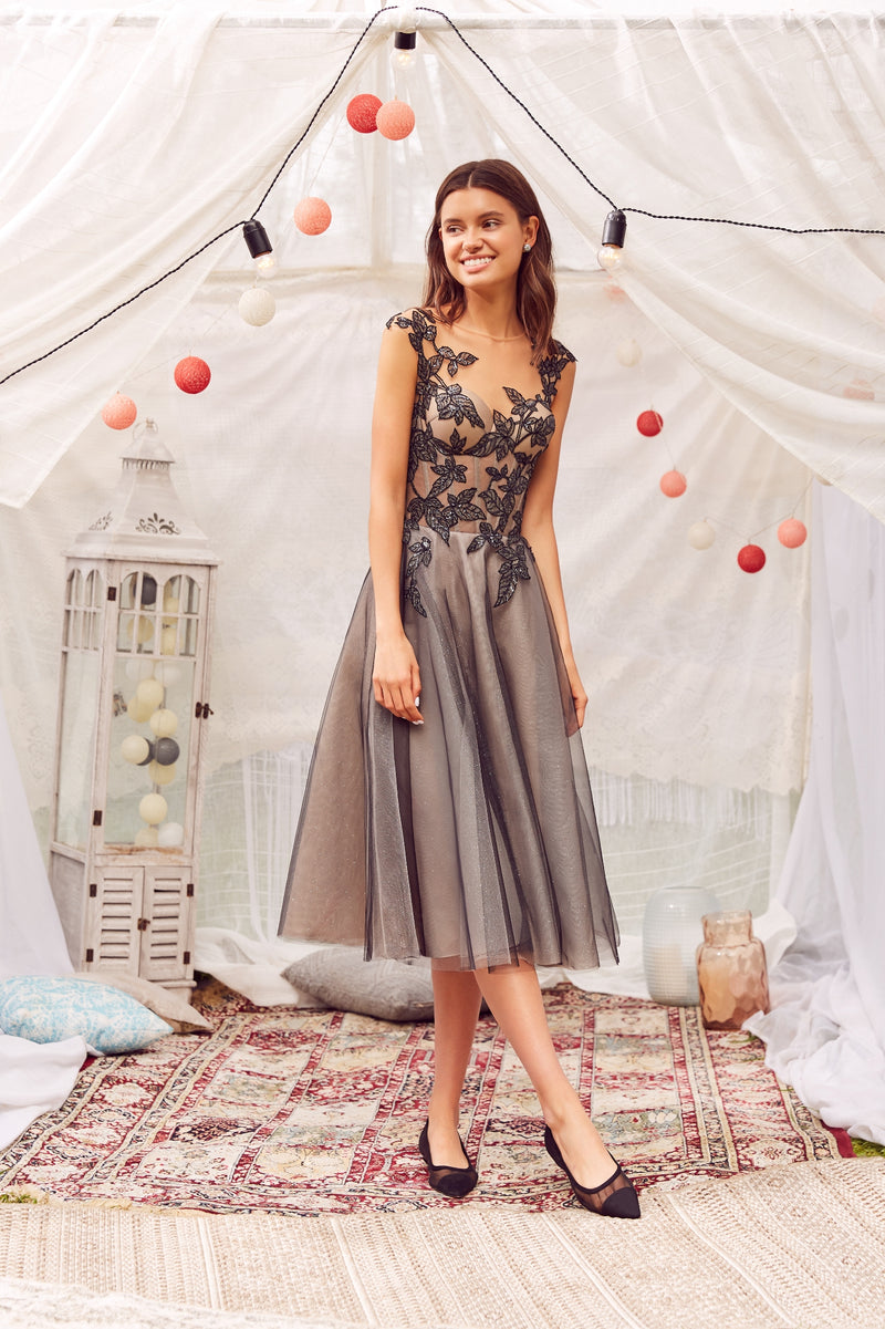 illusion neckline cocktail dress Dark Navy Jewel Illusion Neckline Short Sleeves Lace Appliques Midi Mother Of The Bride Dress