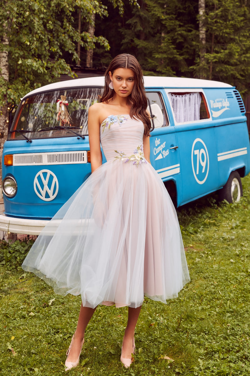 Strapless Tea Length Evening Dress EU32 / Powder-Blue (Photo) Strapless Tea Length Evening Dress EU32 / Powder-Blue (Photo)