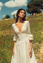 3/4 Length Sleeve V-Neck Lace Wedding Dress with Embroidery