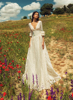 3/4 Length Sleeve V-Neck Lace Wedding Dress with Embroidery
