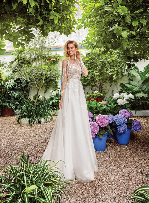 Sheer Long Sleeve A-Line Wedding Dress