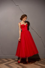 Bustier Tulle Midi Red Party Dress