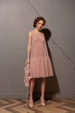 Spaghetti Strap Midi Party Dress With Tulle Overlay