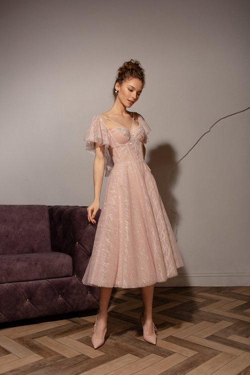 Robe de soirée midi chérie à manches papillon