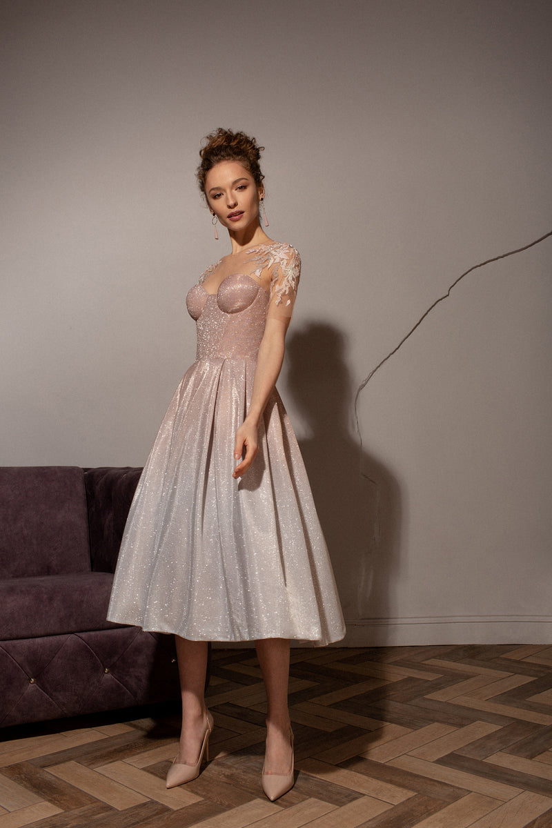 Illusion Neckline Swetheart Glitter Midi Party Dress Illusion Neckline Swetheart Glitter Midi Party Dress