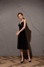 Spaghetti Strap Black Velvet Dress with Tulle Overlay