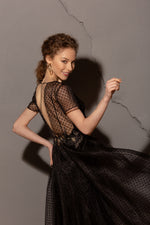 Spaghetti Strap Black Velvet Dress with Tulle Overlay