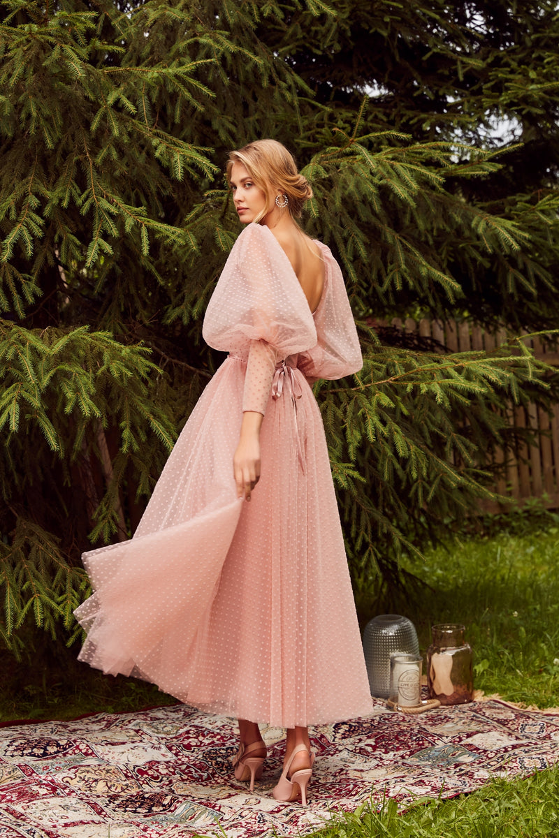Sweetheart Midi Polka Dot Dress with Detachable Juliet Sleeves HAREM's Brides Sweetheart Midi Polka Dot Dress with Detachable Juliet Sleeves HAREM's Brides