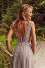 V-Neck Long Prom Dress with Lace Applique