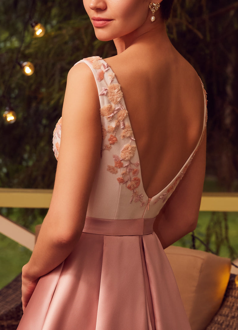 V-Neck Tea Length Mikado Evening Dress HAREM's Brides V-Neck Tea Length Mikado Evening Dress HAREM's Brides