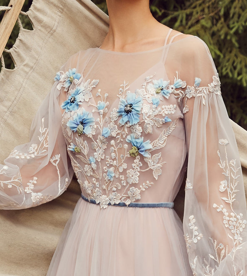 Spaghetti Strap Long Dress with Embroidered Tulle Overlay HAREM's Brides Spaghetti Strap Long Dress with Embroidered Tulle Overlay HAREM's Brides