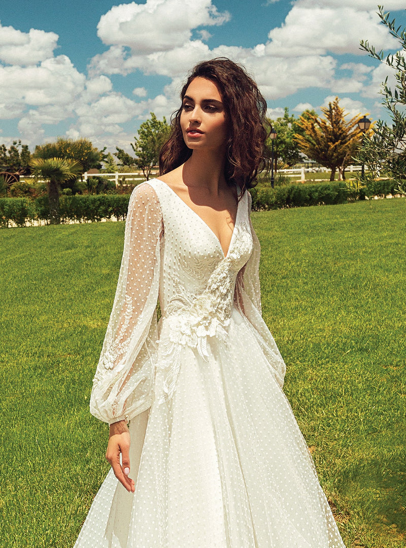 Sheer Long Sleeves Polka Dot A-Line Wedding Dress – HAREM's Brides
