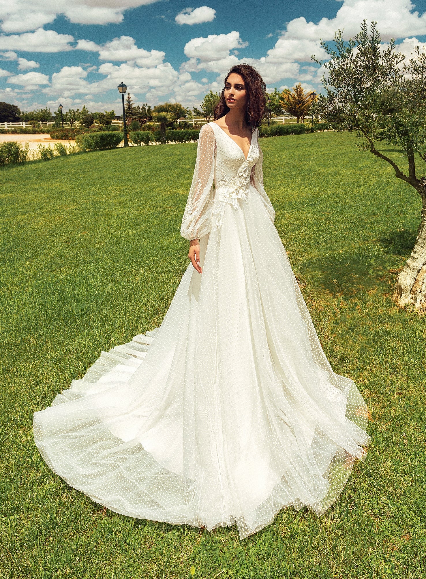 sheer polka dot wedding dress Sheer Long Sleeves Polka Dot A-Line Wedding Dress EU46