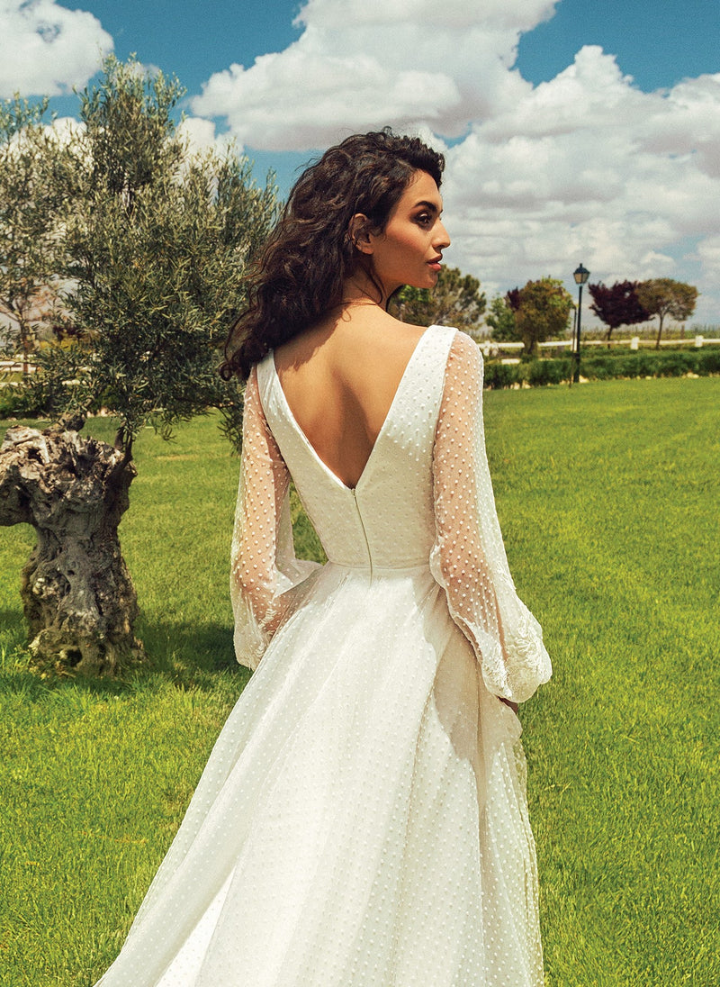 Sheer Long Sleeves Polka Dot A-Line Wedding Dress EU46 Sheer Long Sleeves Polka Dot A-Line Wedding Dress EU46