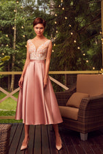 V-Neck Tea Length Mikado Evening Dress