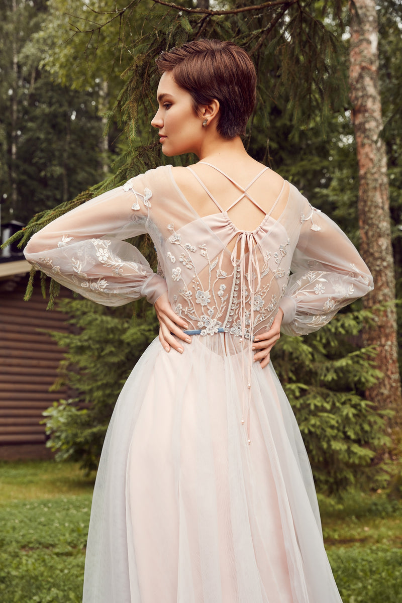 Spaghetti Strap Long Dress with Embroidered Tulle Overlay HAREM's Brides Spaghetti Strap Long Dress with Embroidered Tulle Overlay HAREM's Brides