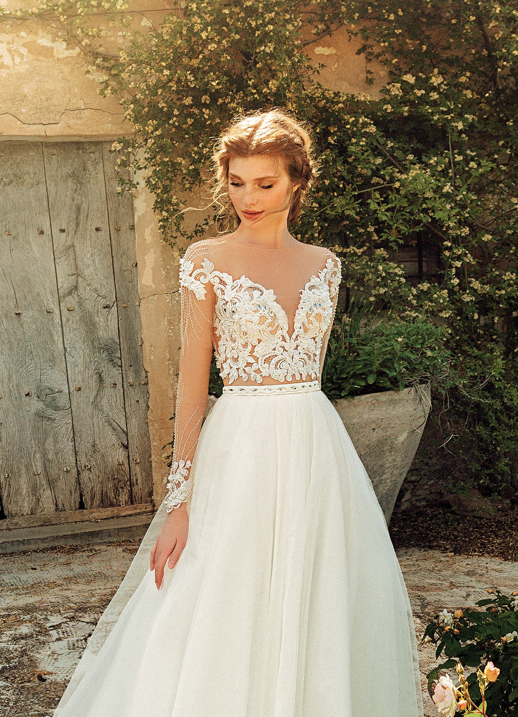 Sheer Long Sleeve A-Line Wedding Dress EU34 / Off-White