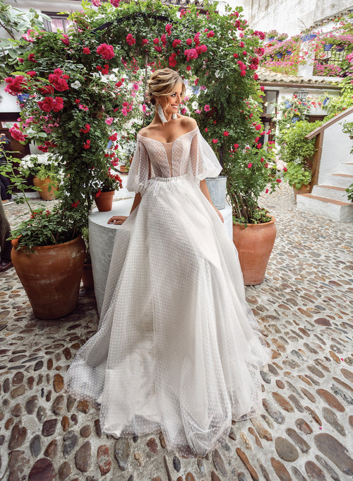 Off-Shoulder Puffy Sleeve Polka Dot Wedding Dress