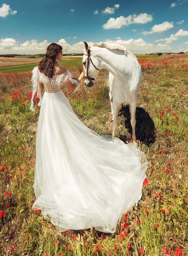 Off-Shoulder A-Line Wedding Dress with Embroidery