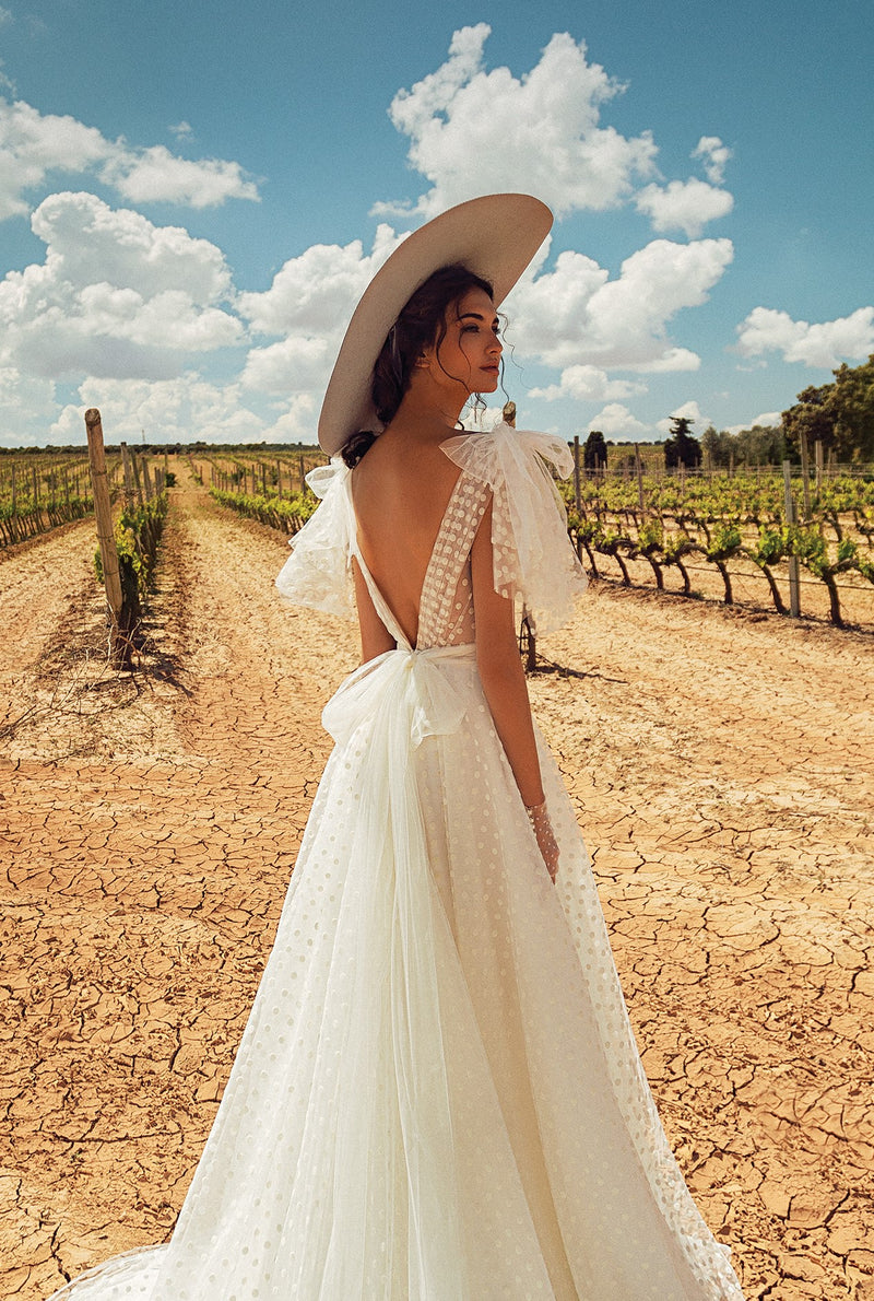 V-Neck Dolka Dot Wedding Dress with Tulle Bows