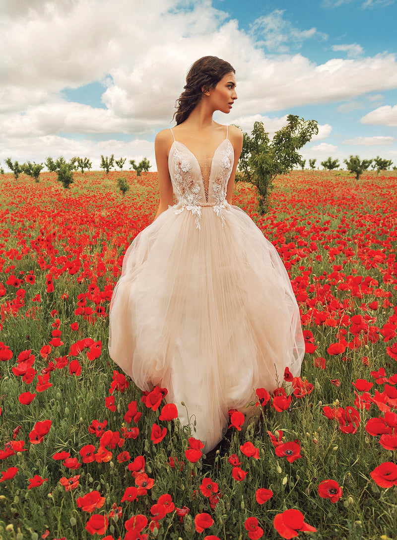 Spaghetti Strap A-Line Colored Gown with 3D flowers