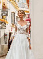 3/4 Length Sleeve A-Line Wedding Dress with 3D Flowers