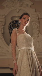 Asymmetrical Neckline Wedding Gown with Embroidered Sleeves