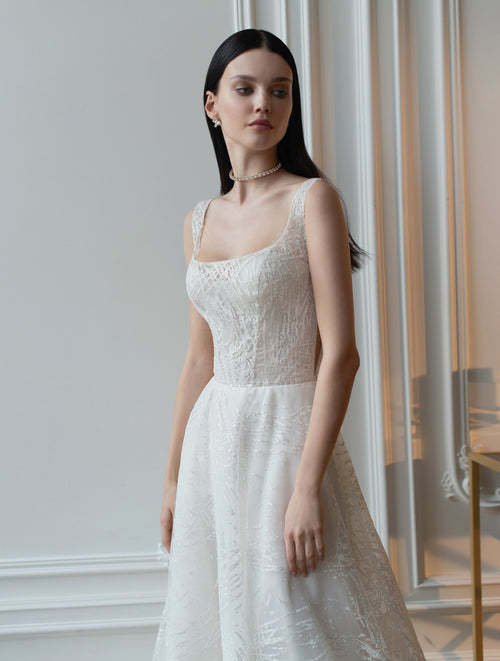 Vestido de novia corte A sin mangas con purpurina