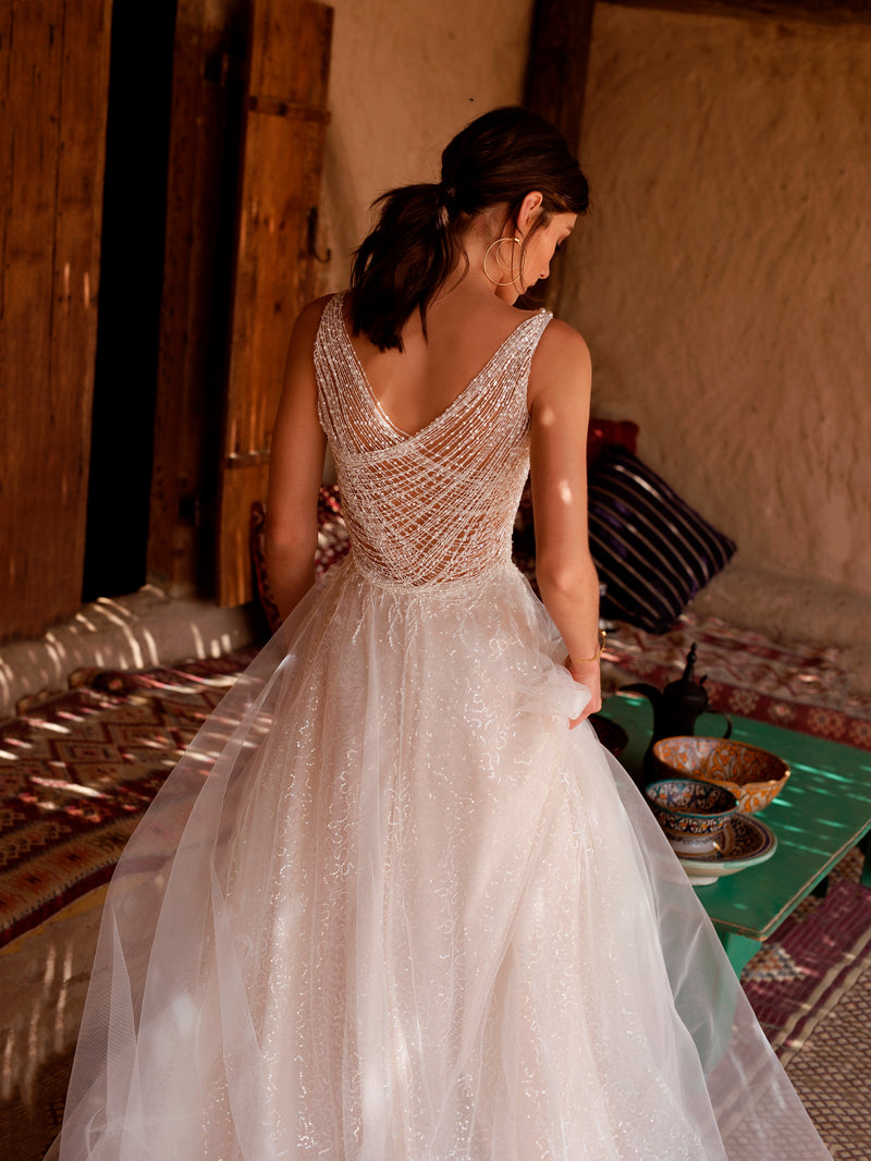 V-Neck Sleeveless A-Line Wedding Gown with Playful Back HAREM's Brides V-Neck Sleeveless A-Line Wedding Gown with Playful Back HAREM's Brides