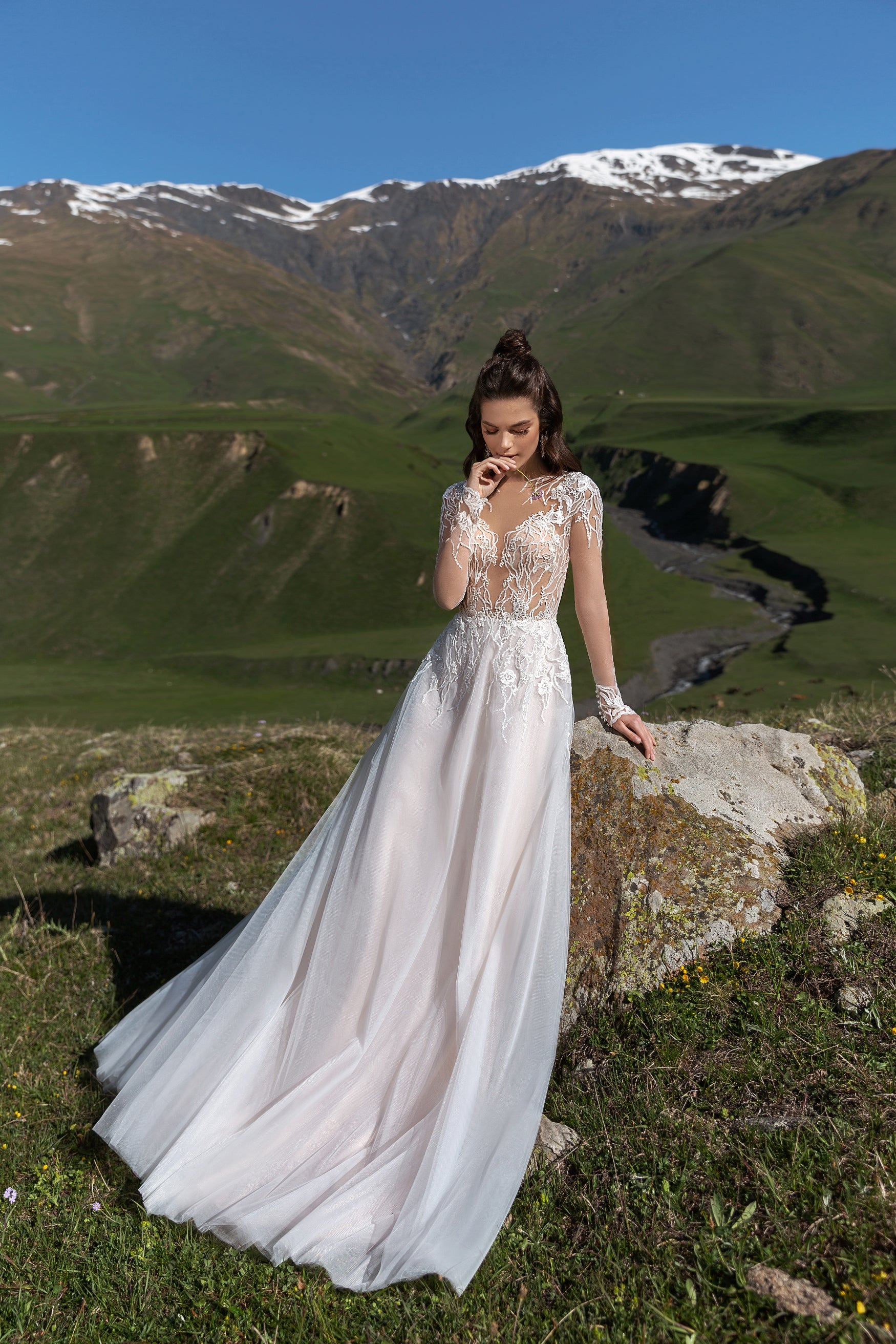cute long sleeve dresses for weddings A-Line Floor Chiffon Long Sleeve Wedding Dress with Sequins and Train, Diamond White / 0