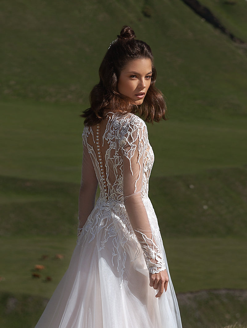 Sheer Long Sleeve A-Line Wedding Dress