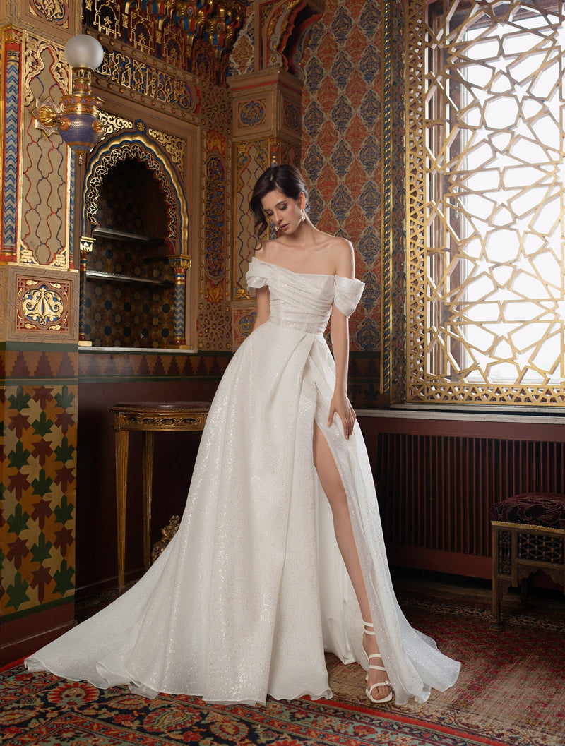 Off-Shoulder A-Line Glitter Wedding Gown