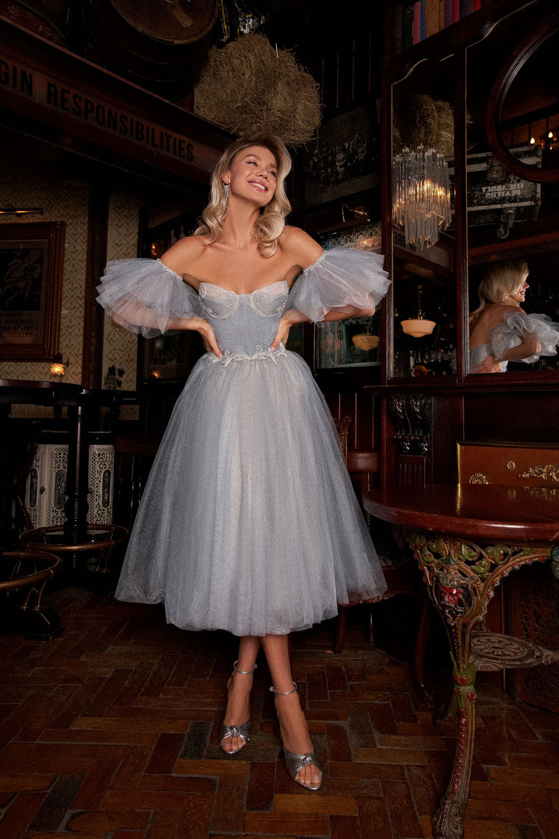 Midi Tulle Cocktail Dress with Removable Sleeves