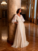 Puffy Sleeve V-Neckline Glitter Wedding Gown