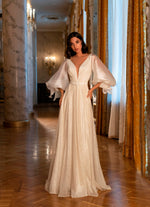 Puffy Sleeve V-Neckline Glitter Wedding Gown