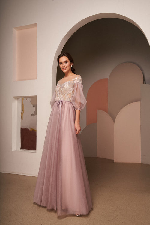 Elegant Long Tulle Occasion Dress with Puffy Sleeves