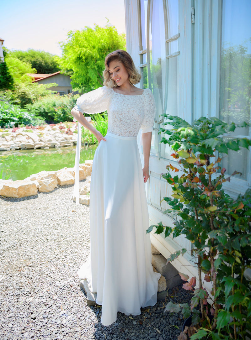 Petite Short Sleeve Wedding Dress HAREM's Brides Petite Short Sleeve Wedding Dress HAREM's Brides