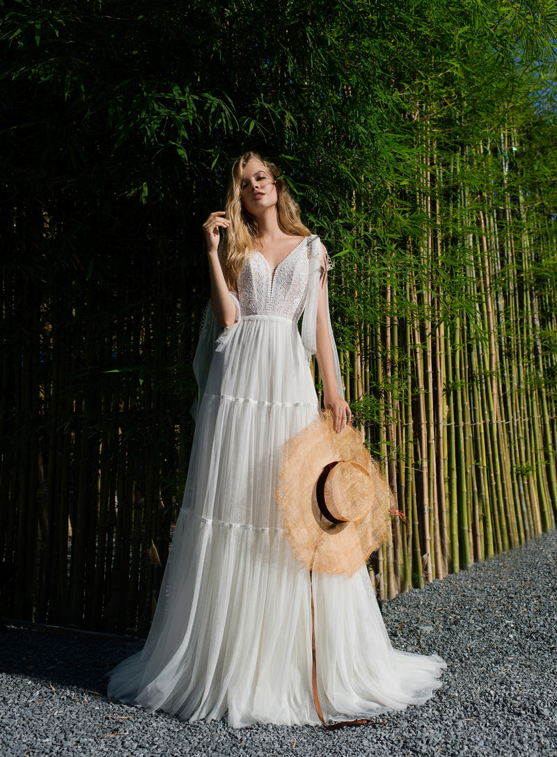 Sleeveless V-Neck Bohemian Wedding Dress