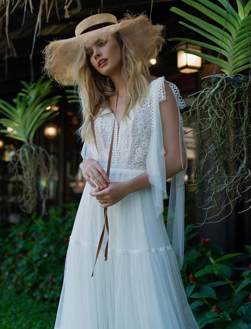 Sleeveless V-Neck Bohemian Wedding Dress