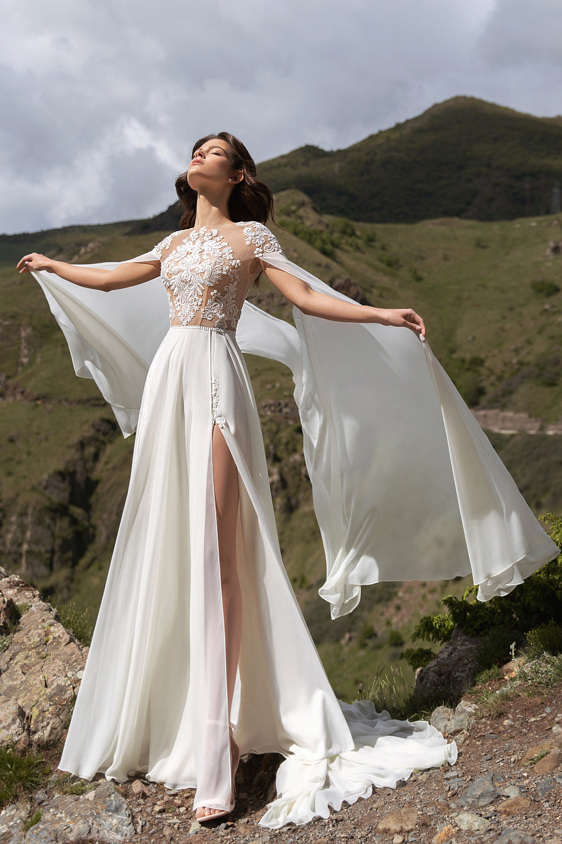 A Line Wedding Gown with Angelic Cape Sleeves HAREM s Brides